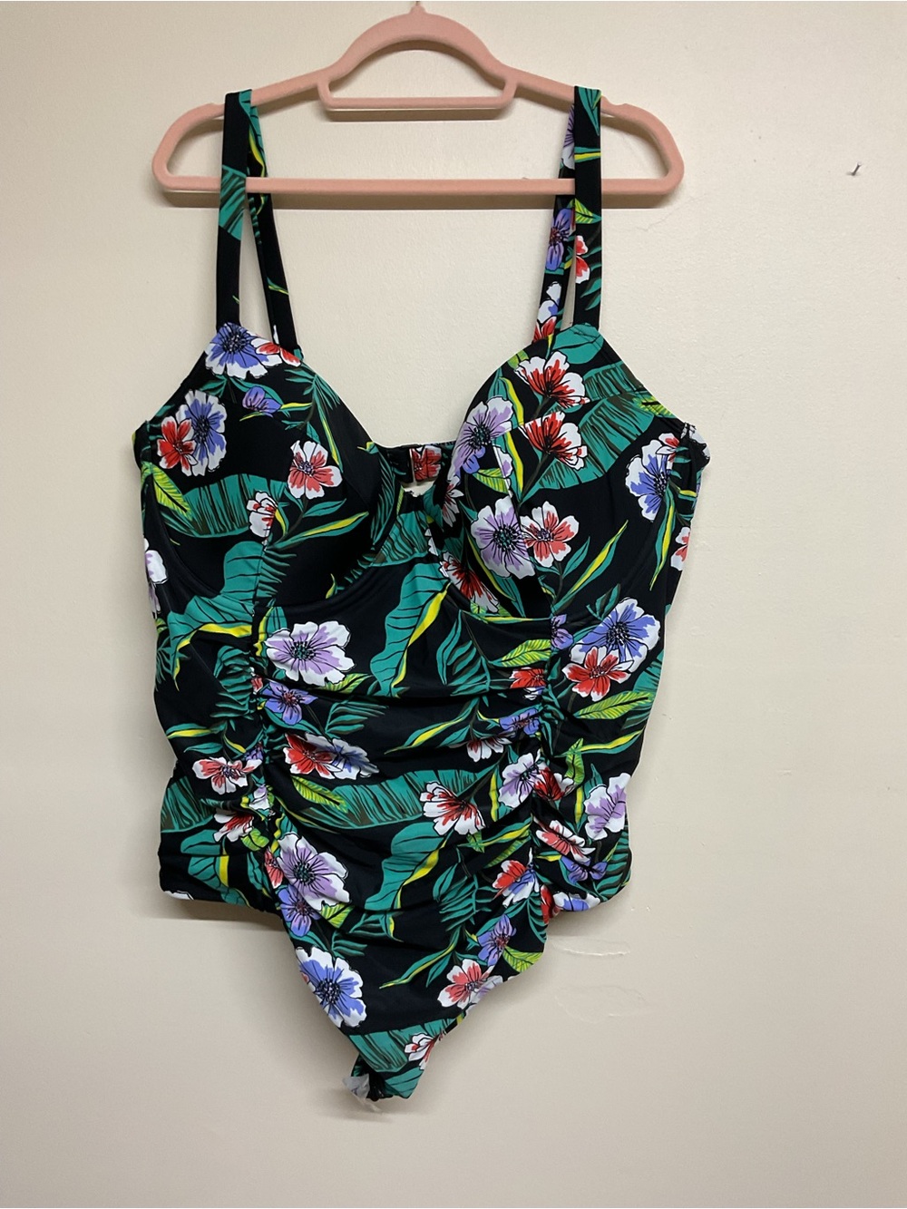 Old Navy Black Floral Ruched One-Piece Swimsuit
